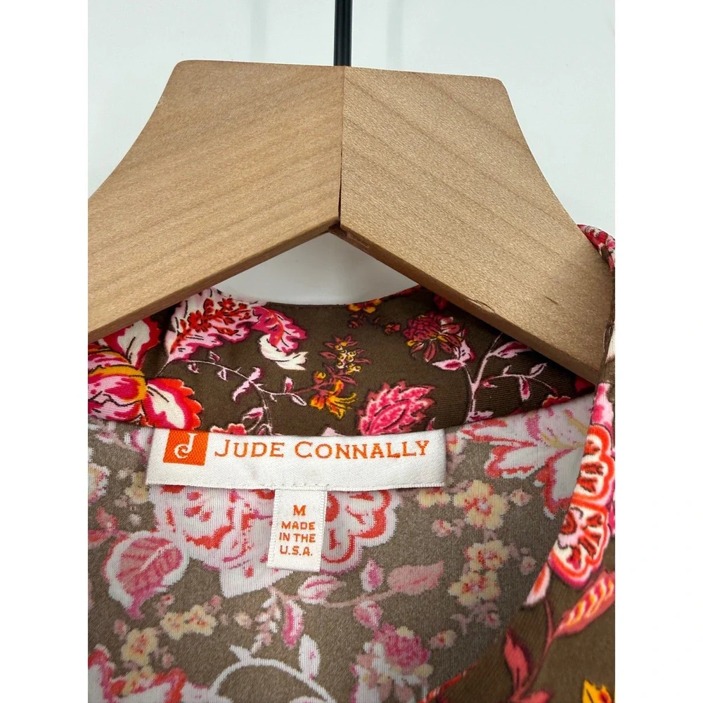 Jude Connally Dress Womens Medium Brown Pink Floral Sleeveless V-Neck Shift